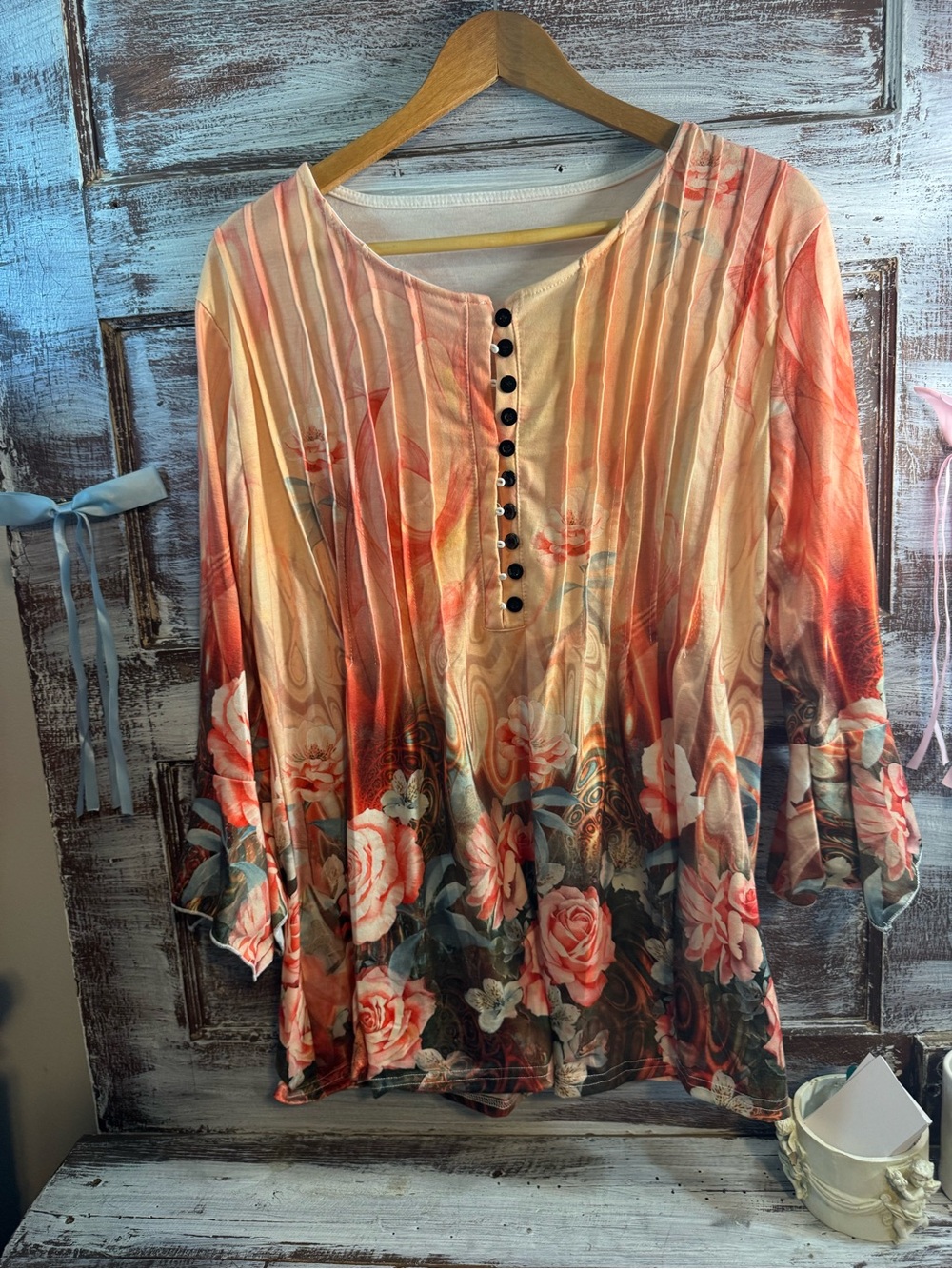 Women's Floral Pleated Button Front Tunic - Peach Pink